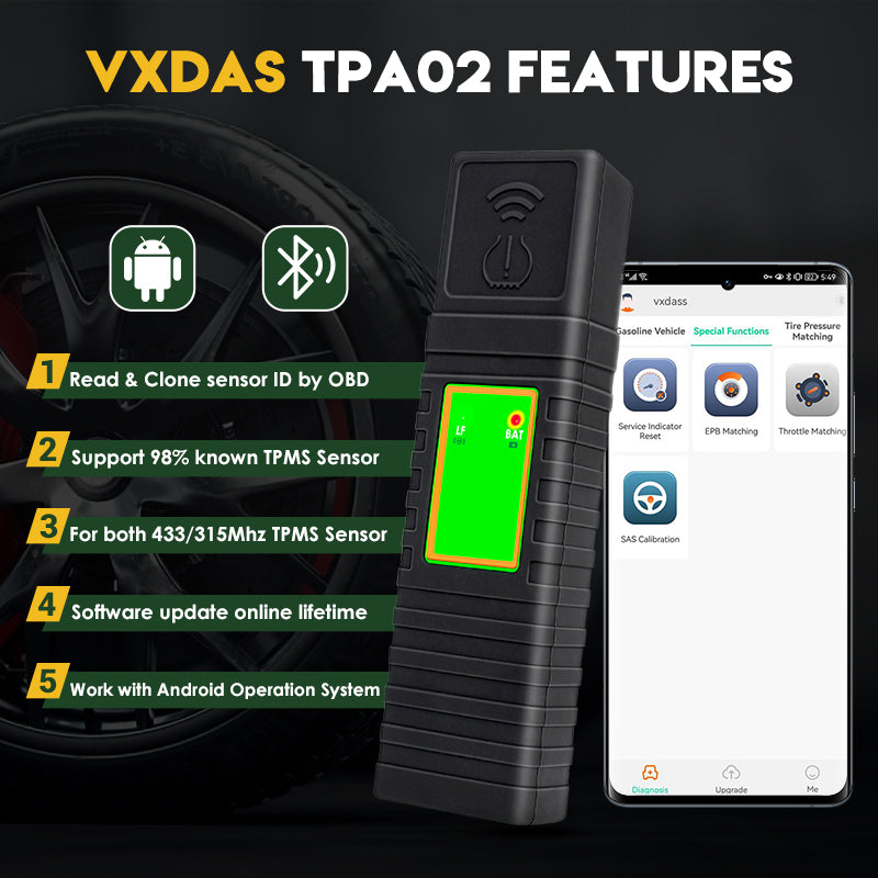 أداة إعادة تعلم وبرمجة نظام TPMS العالمي VXDAS TPA02 لمستشعر TPMS بتردد 433 ميجا هرتز/315 ميجا هرتز