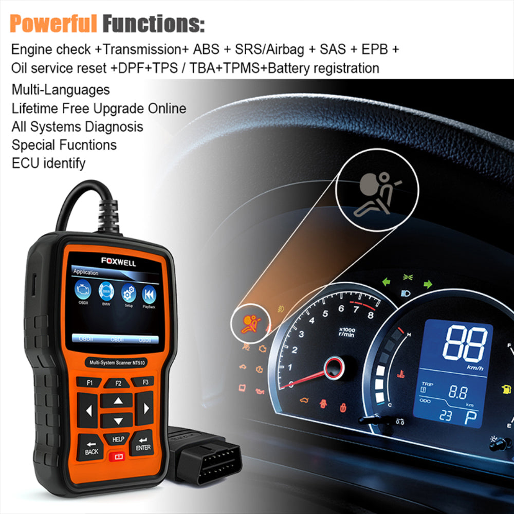 Foxwell NT510 Full System OBD2 Anto Diagnostic Scanner Tool for BMW ABS SRS Airbag SAS AT EPB DPF Reset Battery Registration  - VXDAS Official Store