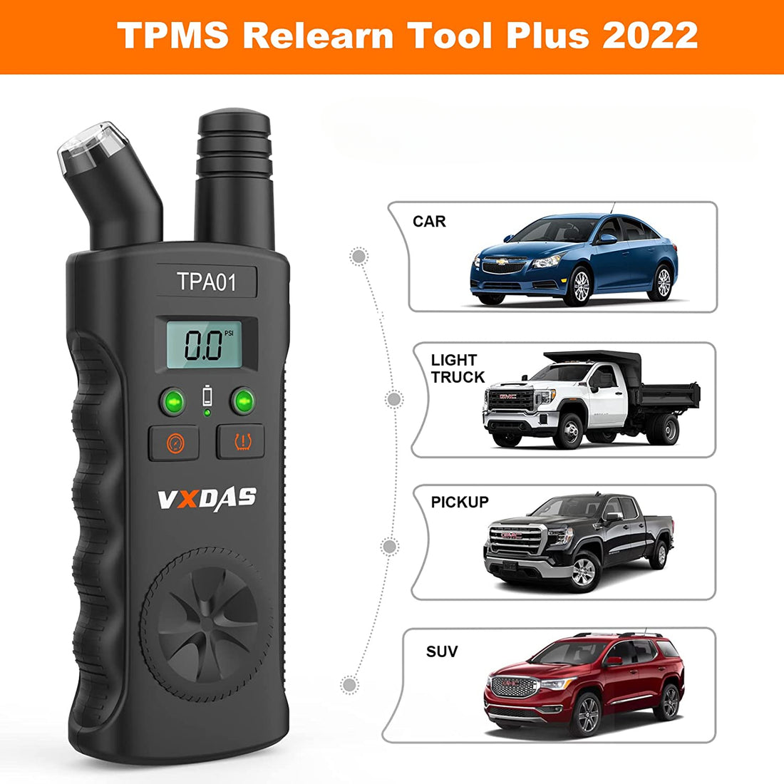 أداة إعادة تعلم نظام مراقبة الإطارات VXDAS TPMS Plus مقياس ضغط الإطارات الرقمي 150 رطل/بوصة مربعة، مستشعر إعادة ضبط نظام مراقبة الإطارات 2 في 1 TPA01 لسيارات GM وBuick/Chevy/Cadillac، أداة تنشيط نظام مراقبة الإطارات 2022