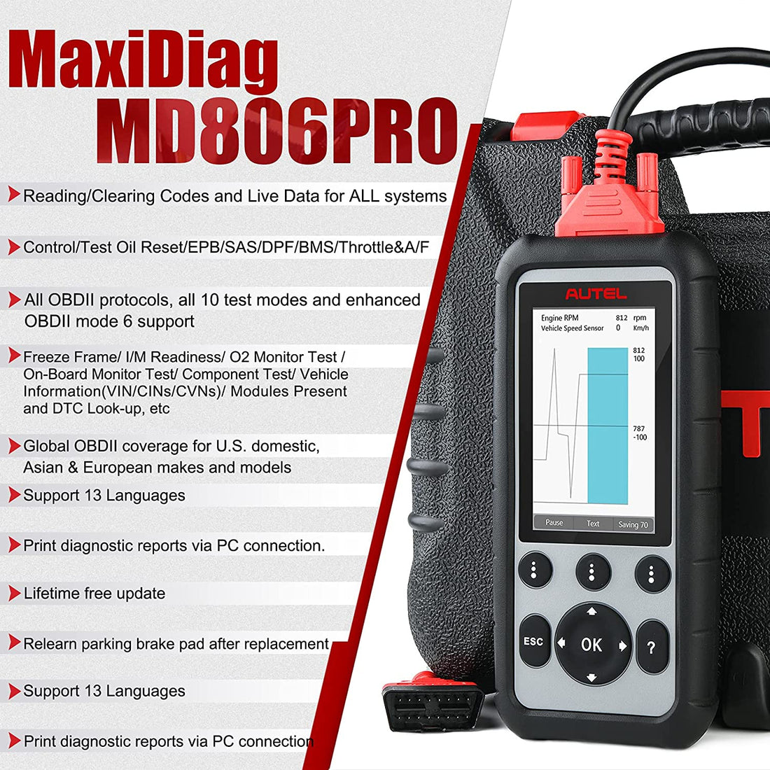 أداة تشخيص جميع الأنظمة المحمولة AUTEL MaxiDiag MD806 Pro OBD2