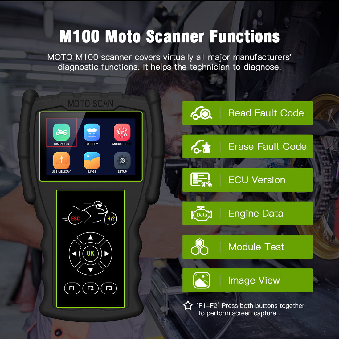 Jdiag M100 Motorcycle Diagnostic Tool for Kawasaki Yamaha Suzuki Moto Scanner with Battery Tester 2 in 1 Dual System Detection