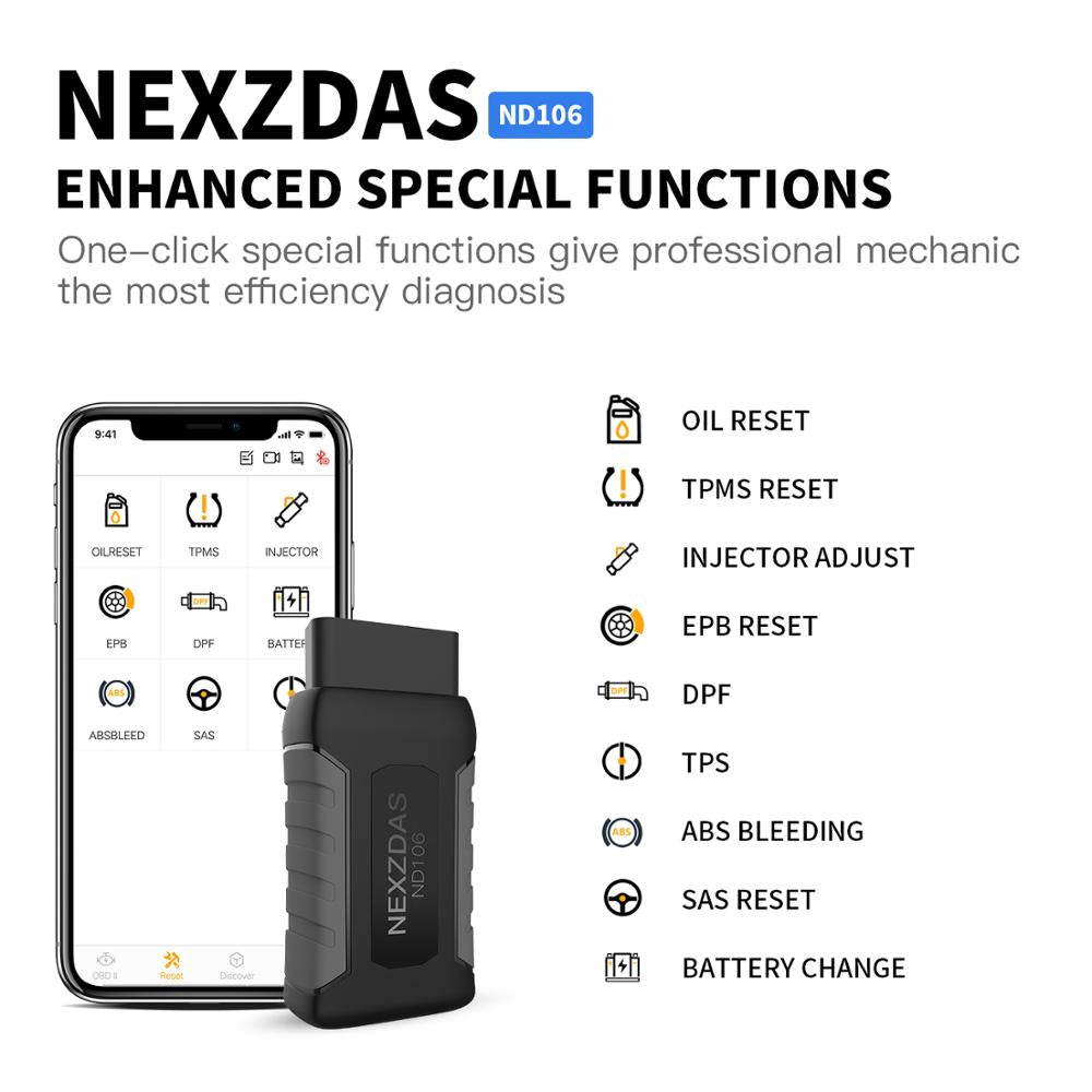 Humzor NexzDAS ND106 Bluetooth Special Function Car Resetting Tool With ABS, TPMS, Oil Reset, DPF... for Android & iOS - VXDAS Official Store