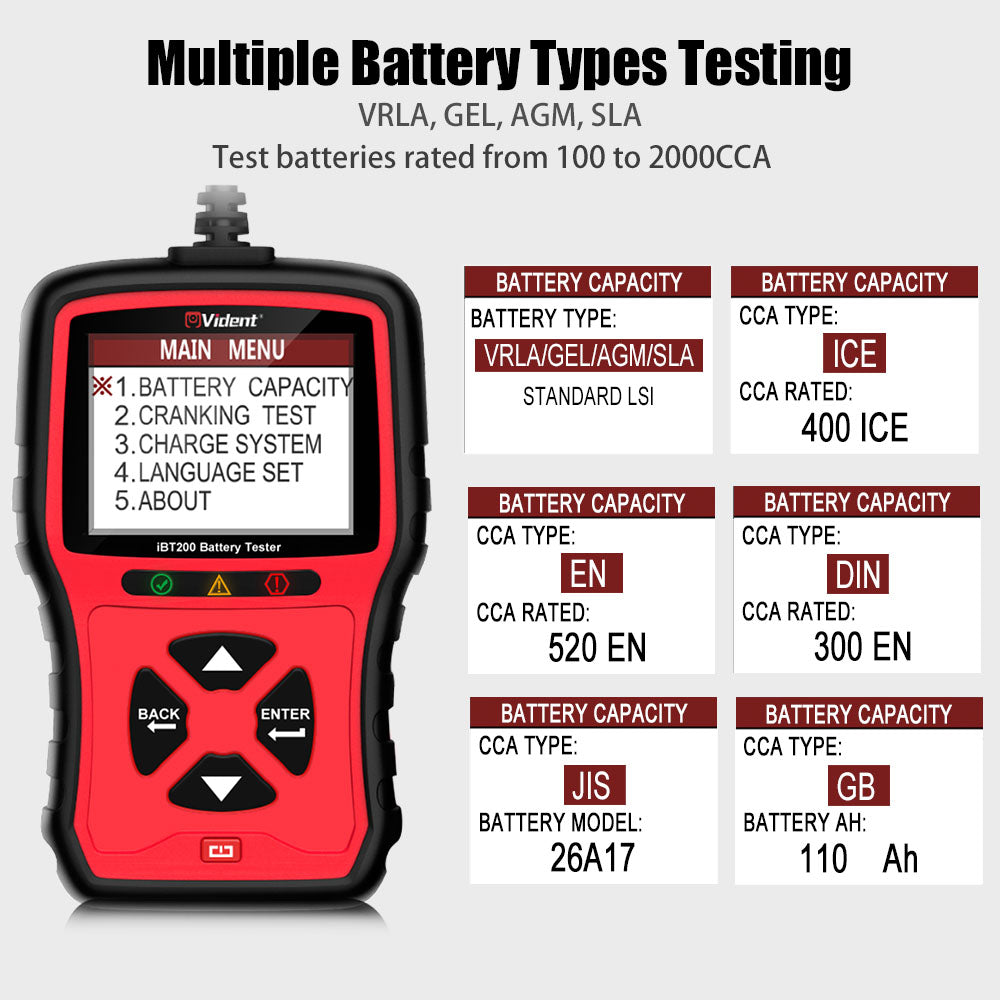 VIDENT iBT200 9V-36V Battery Tester for 12V Passenger Cars and 24V Heavy Duty Trucks 100 to 2000 CCA Car Battery Analyzer